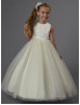 Beaded Ivory Satin Tulle Ankle Length Flower Girl Dress Communion Dress